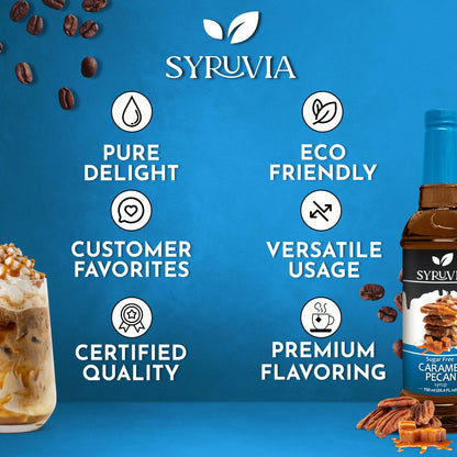 Syruvia Sugar-Free Caramel Pecan Syrup- 25.4 Fl Oz Premium Coffee Flavoring Syrup. 0 Calories, Kosher, And Gluten-Free. Ideal For Drinks, Sodas, Shakes, Desserts, And More.
