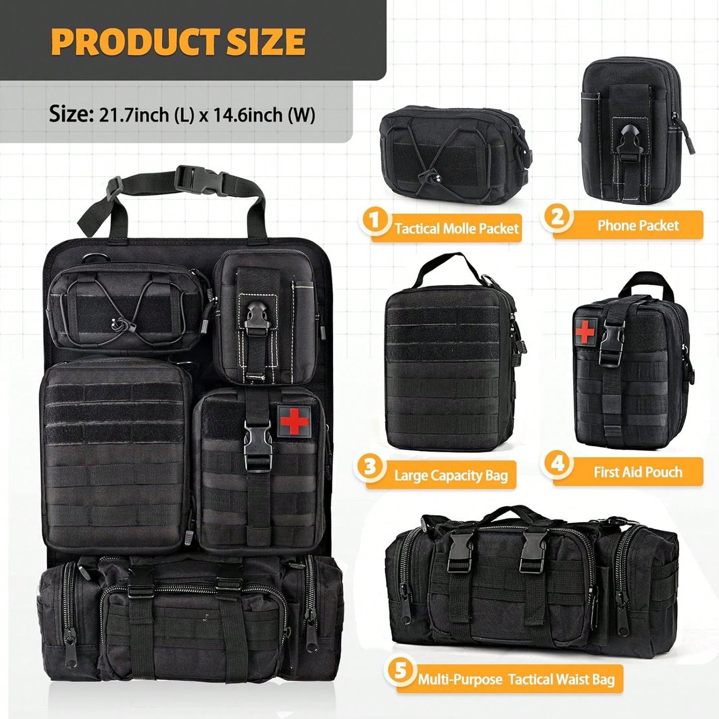 Tactical Vehicle Organizers Panel Vehicle Protector Organizers, Universal Tactical Car Seat Back Organizer Bag, Tactical Seat Covers With 5 Detachable Pouches For Universal Fits For Most Of Vehicle Ca