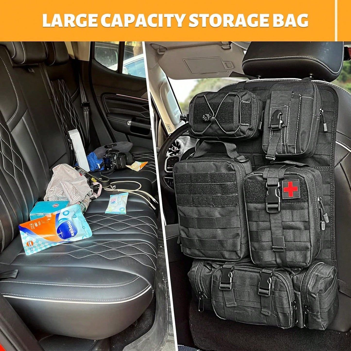 Tactical Vehicle Organizers Panel Vehicle Protector Organizers, Universal Tactical Car Seat Back Organizer Bag, Tactical Seat Covers With 5 Detachable Pouches For Universal Fits For Most Of Vehicle Ca