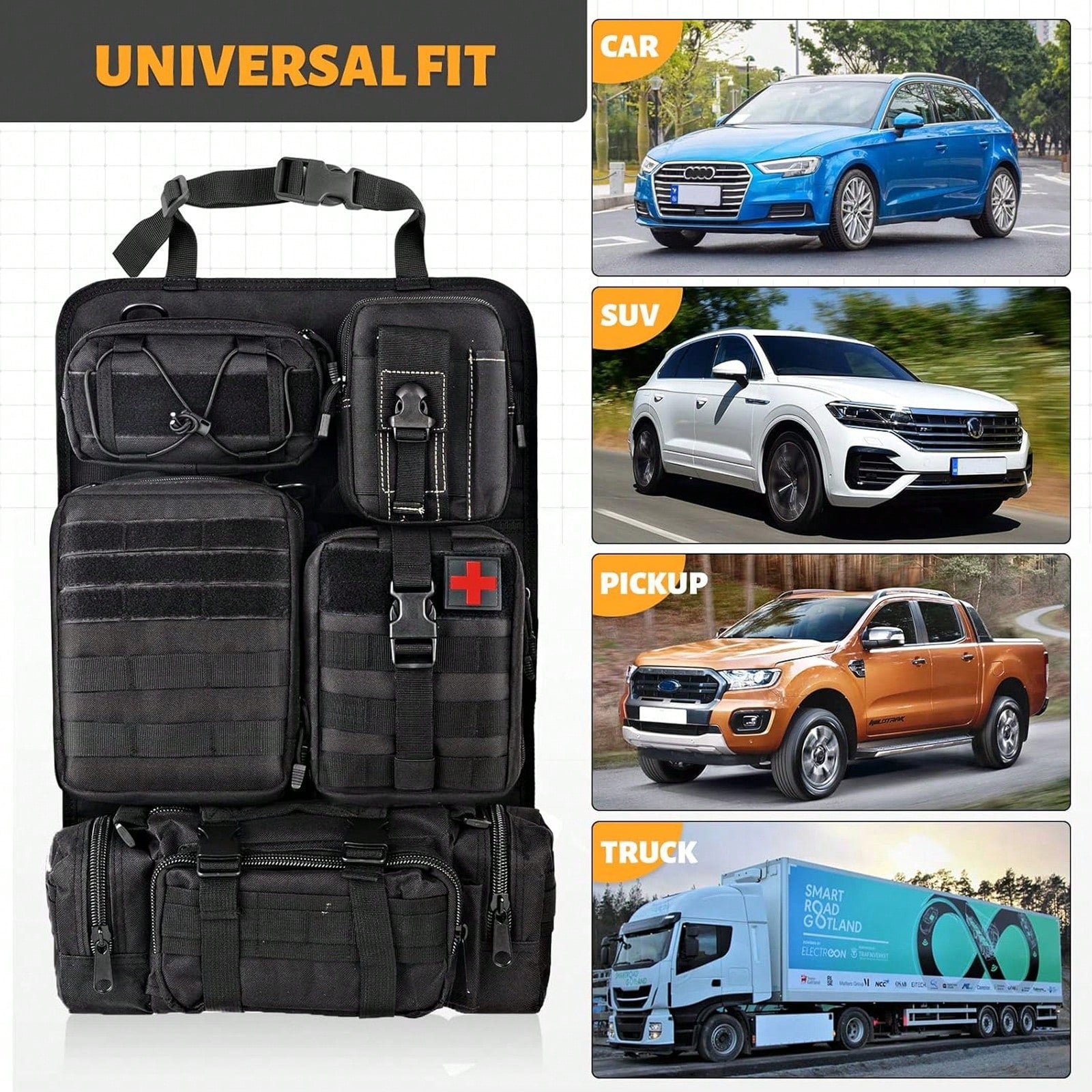 Tactical Vehicle Organizers Panel Vehicle Protector Organizers, Universal Tactical Car Seat Back Organizer Bag, Tactical Seat Covers With 5 Detachable Pouches For Universal Fits For Most Of Vehicle Ca