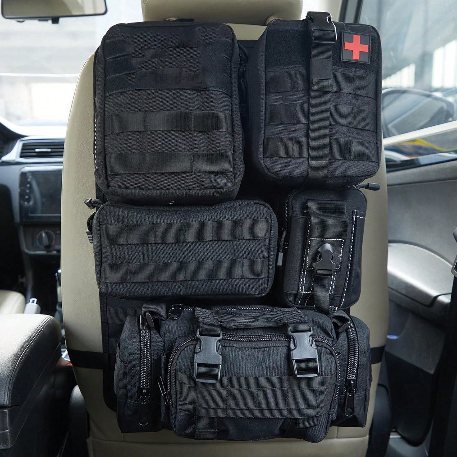 Tactical Vehicle Organizers Panel Vehicle Protector Organizers, Universal Tactical Car Seat Back Organizer Bag, Tactical Seat Covers With 5 Detachable Pouches For Universal Fits For Most Of Vehicle Ca