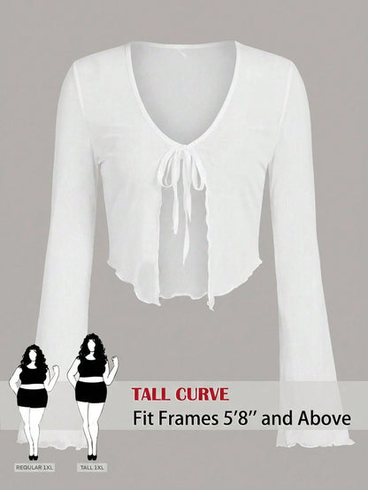 Tall CURVE Plus Size Tie Front Flare Sleeve Lettuce Trim Mesh Top,White,Summer,Elwgant,Night Out Club,Party,Ladies Casual Knot V Neck Regular Fit Women Tops Fall