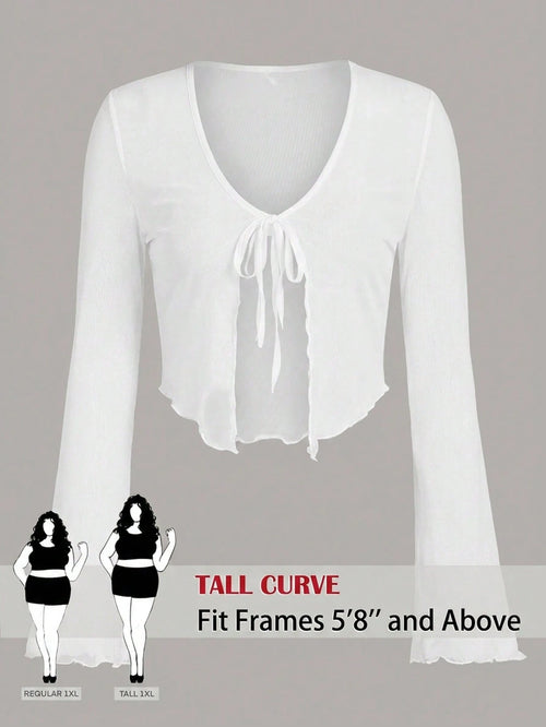 Tall CURVE Plus Size Tie Front Flare Sleeve Lettuce Trim Mesh Top,White,Summer,Elwgant,Night Out Club,Party,Ladies Casual Knot V Neck Regular Fit Women Tops Fall