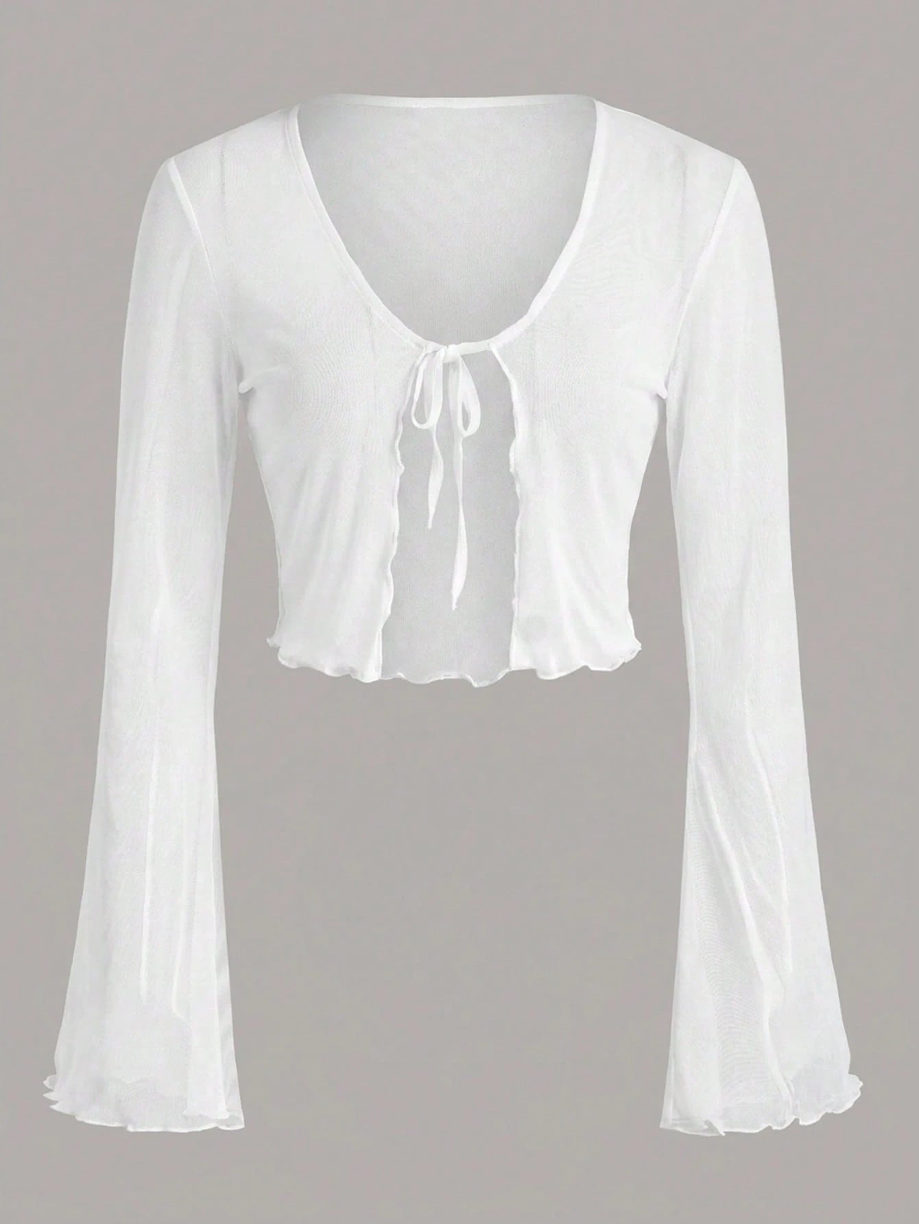 Tall CURVE Plus Size Tie Front Flare Sleeve Lettuce Trim Mesh Top,White,Summer,Elwgant,Night Out Club,Party,Ladies Casual Knot V Neck Regular Fit Women Tops Fall