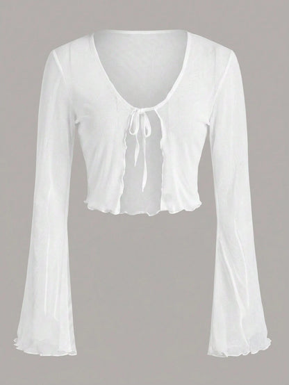 Tall CURVE Plus Size Tie Front Flare Sleeve Lettuce Trim Mesh Top,White,Summer,Elwgant,Night Out Club,Party,Ladies Casual Knot V Neck Regular Fit Women Tops Fall