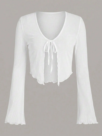 Tall CURVE Plus Size Tie Front Flare Sleeve Lettuce Trim Mesh Top,White,Summer,Elwgant,Night Out Club,Party,Ladies Casual Knot V Neck Regular Fit Women Tops Fall