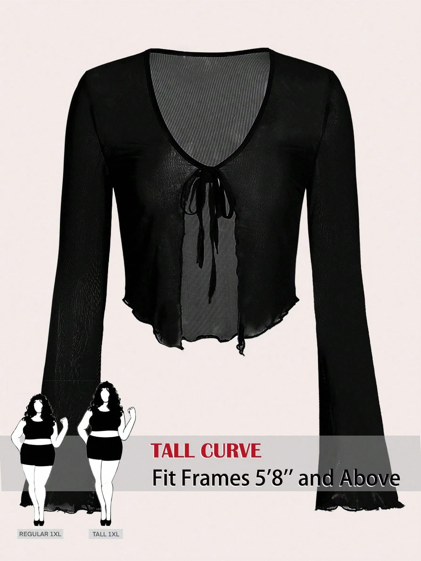 Tall CURVE Plus Size Tie Front Flare Sleeve Lettuce Trim Mesh Top,White,Summer,Elwgant,Night Out Club,Party,Ladies Casual Knot V Neck Regular Fit Women Tops Fall