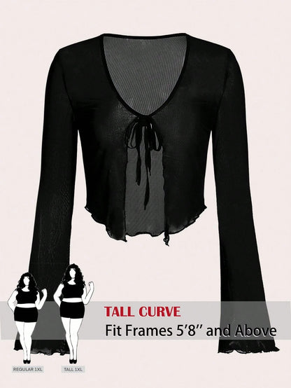 Tall CURVE Plus Size Tie Front Flare Sleeve Lettuce Trim Mesh Top,White,Summer,Elwgant,Night Out Club,Party,Ladies Casual Knot V Neck Regular Fit Women Tops Fall
