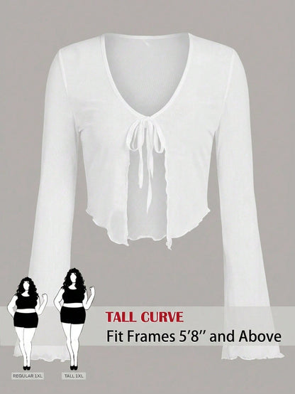 Tall CURVE Plus Size Tie Front Flare Sleeve Lettuce Trim Mesh Top,White,Summer,Elwgant,Night Out Club,Party,Ladies Casual Knot V Neck Regular Fit Women Tops Fall