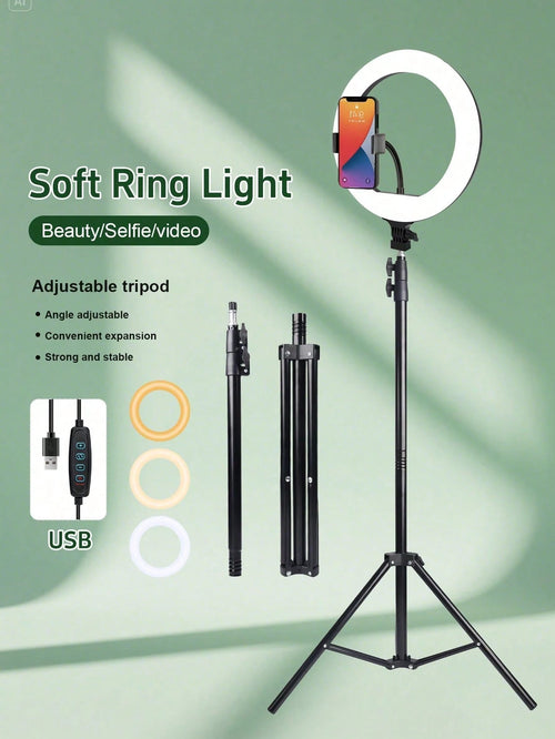 Tangle Free Large Size Phone Photography Accessories 10 Inch LED Ring Light Set/Multi Function Fill Light, With 160cm Adjustable Triangle Bracket And A Universal Phone Clip, USB Power Supply, LED Ring