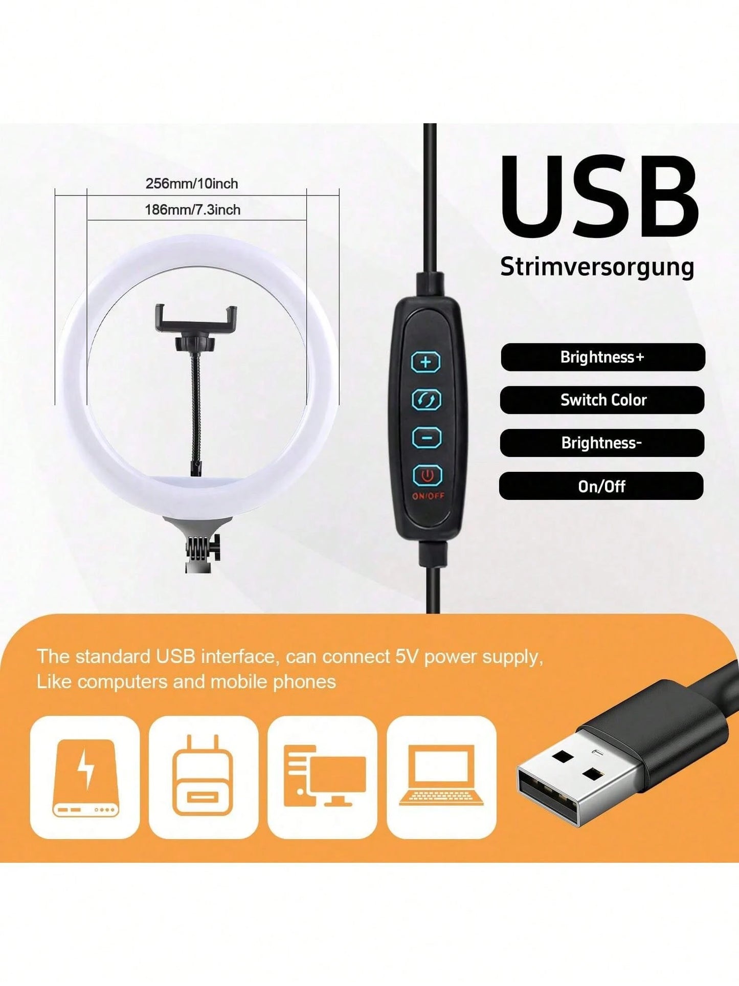 Tangle Free Large Size Phone Photography Accessories 10 Inch LED Ring Light Set/Multi Function Fill Light, With 160cm Adjustable Triangle Bracket And A Universal Phone Clip, USB Power Supply, LED Ring