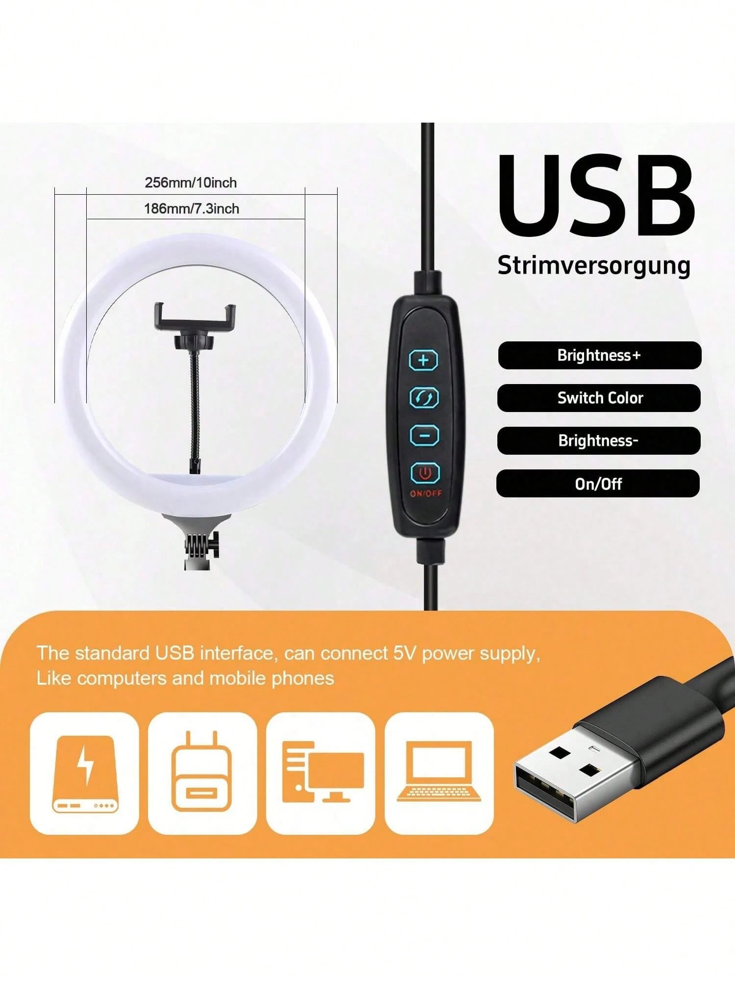 Tangle Free Large Size Phone Photography Accessories 10 Inch LED Ring Light Set/Multi Function Fill Light, With 160cm Adjustable Triangle Bracket And A Universal Phone Clip, USB Power Supply, LED Ring