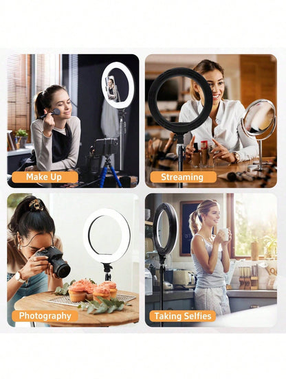 Tangle Free Large Size Phone Photography Accessories 10 Inch LED Ring Light Set/Multi Function Fill Light, With 160cm Adjustable Triangle Bracket And A Universal Phone Clip, USB Power Supply, LED Ring