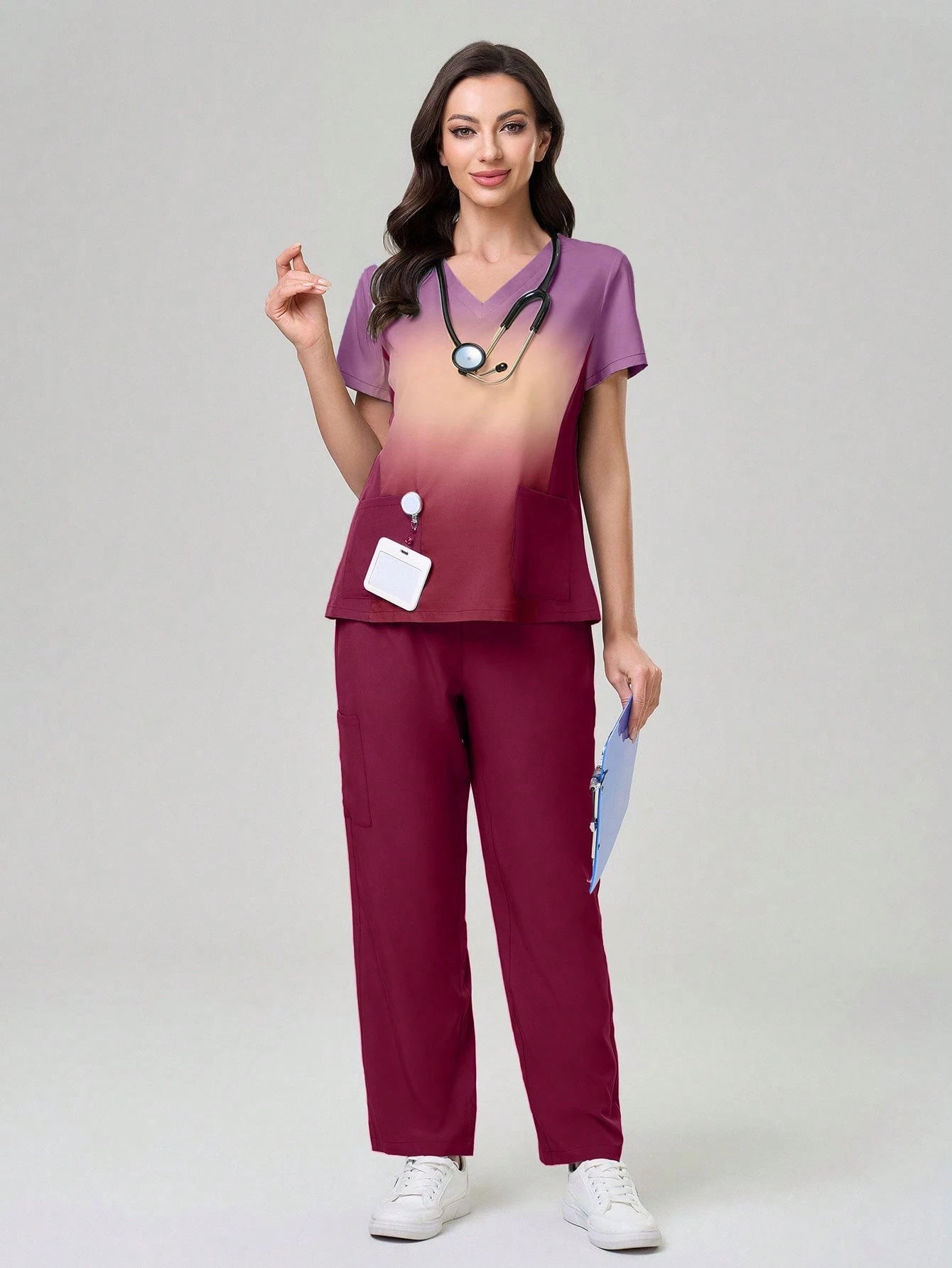 TaskEZ Ombre Short Sleeve Top And Solid Color Pants Scrub Uniform Set