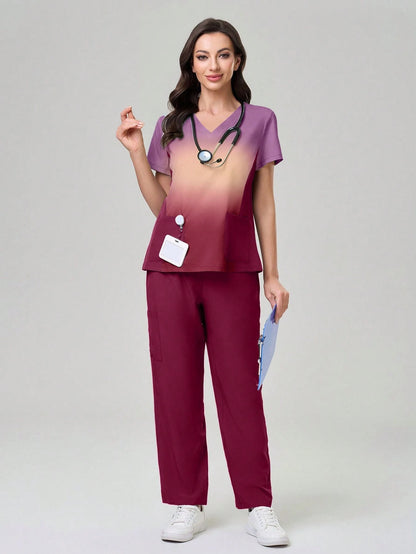 TaskEZ Ombre Short Sleeve Top And Solid Color Pants Scrub Uniform Set
