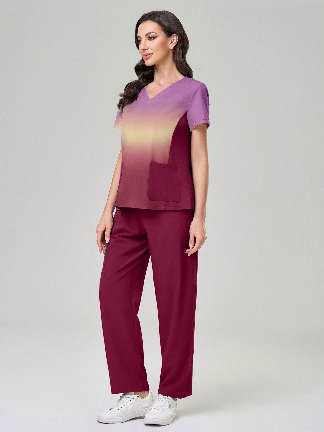 TaskEZ Ombre Short Sleeve Top And Solid Color Pants Scrub Uniform Set