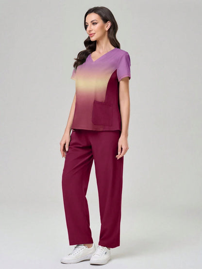 TaskEZ Ombre Short Sleeve Top And Solid Color Pants Scrub Uniform Set