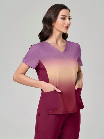 TaskEZ Ombre Short Sleeve Top And Solid Color Pants Scrub Uniform Set