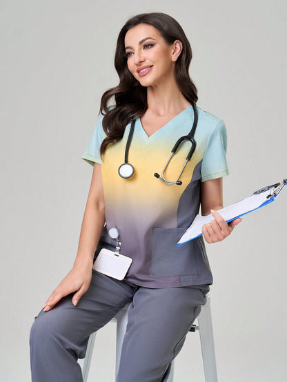 TaskEZ Ombre Short Sleeve Top And Solid Color Pants Scrub Uniform Set