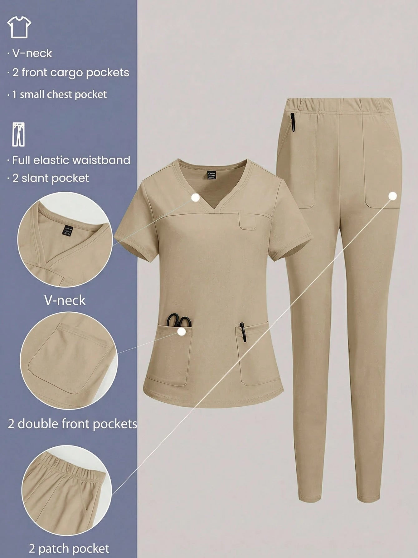 TaskEZ Simple Solid Color V-Neck Short Sleeve T-Shirt With Pockets Paired With Long Pants, Scrub Set