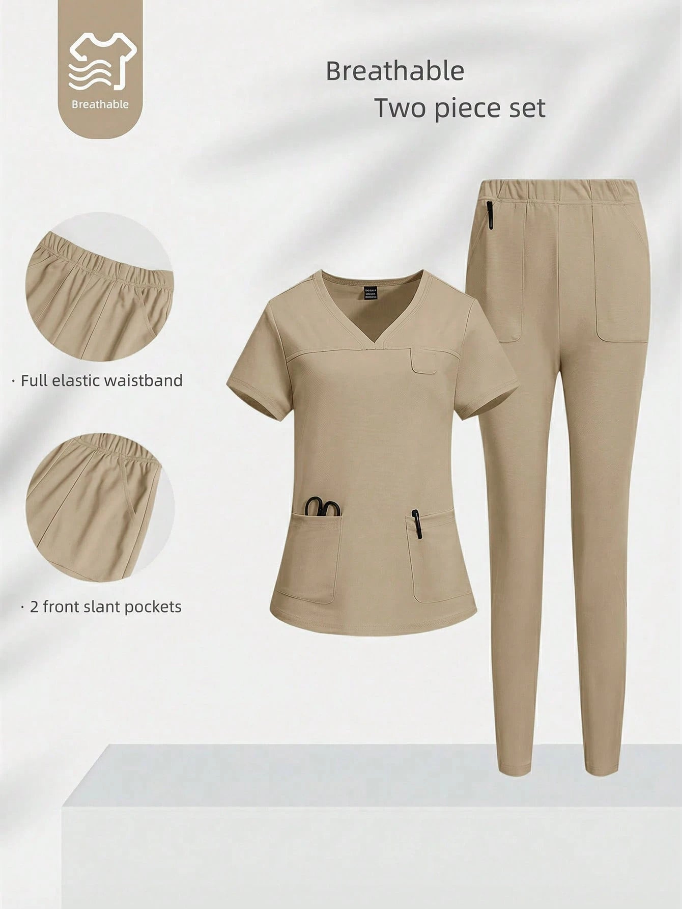 TaskEZ Simple Solid Color V-Neck Short Sleeve T-Shirt With Pockets Paired With Long Pants, Scrub Set