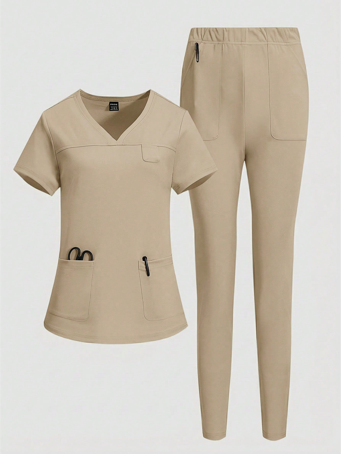TaskEZ Simple Solid Color V-Neck Short Sleeve T-Shirt With Pockets Paired With Long Pants, Scrub Set
