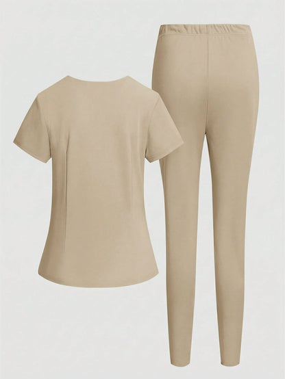 TaskEZ Simple Solid Color V-Neck Short Sleeve T-Shirt With Pockets Paired With Long Pants, Scrub Set