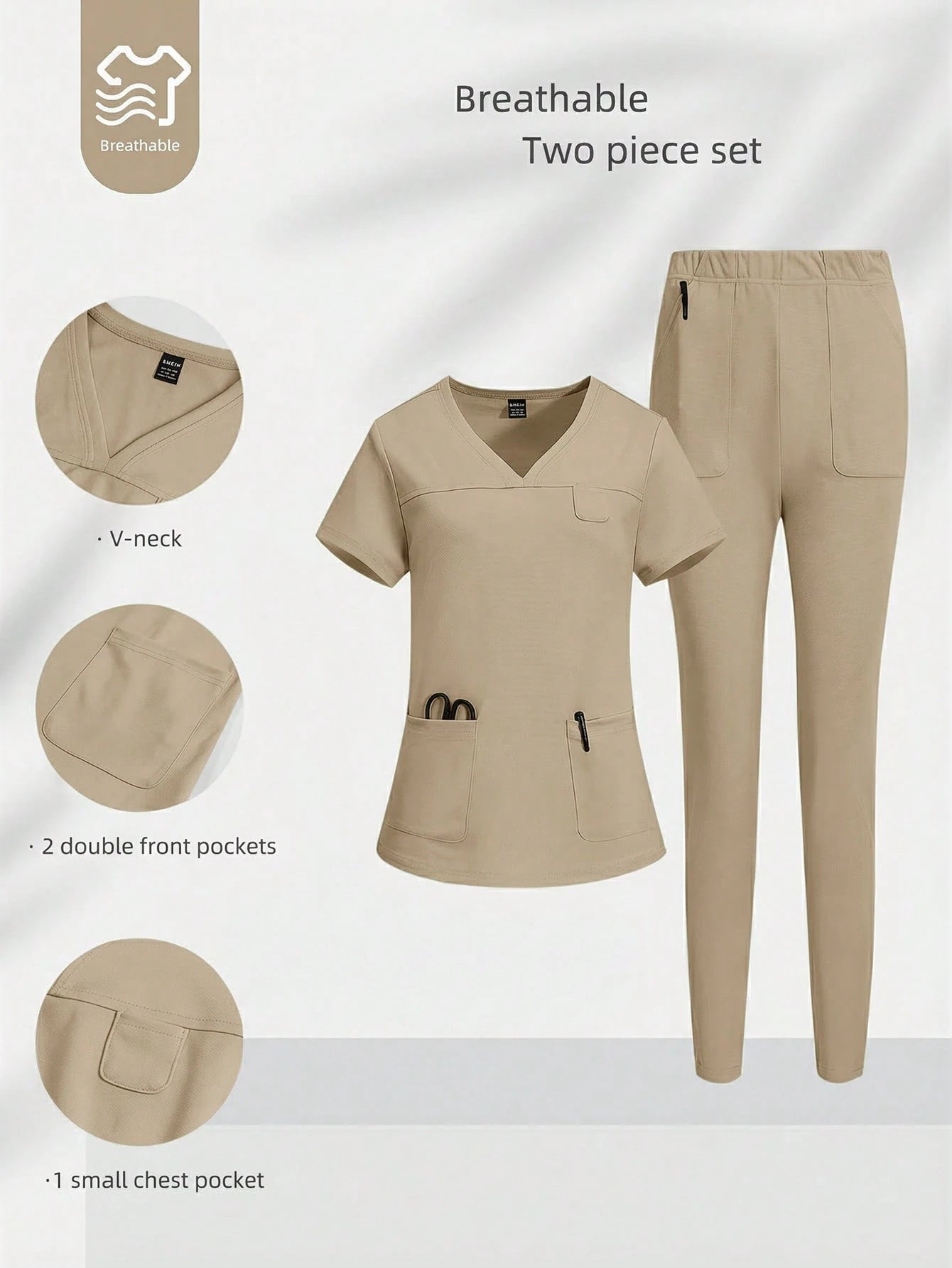 TaskEZ Simple Solid Color V-Neck Short Sleeve T-Shirt With Pockets Paired With Long Pants, Scrub Set