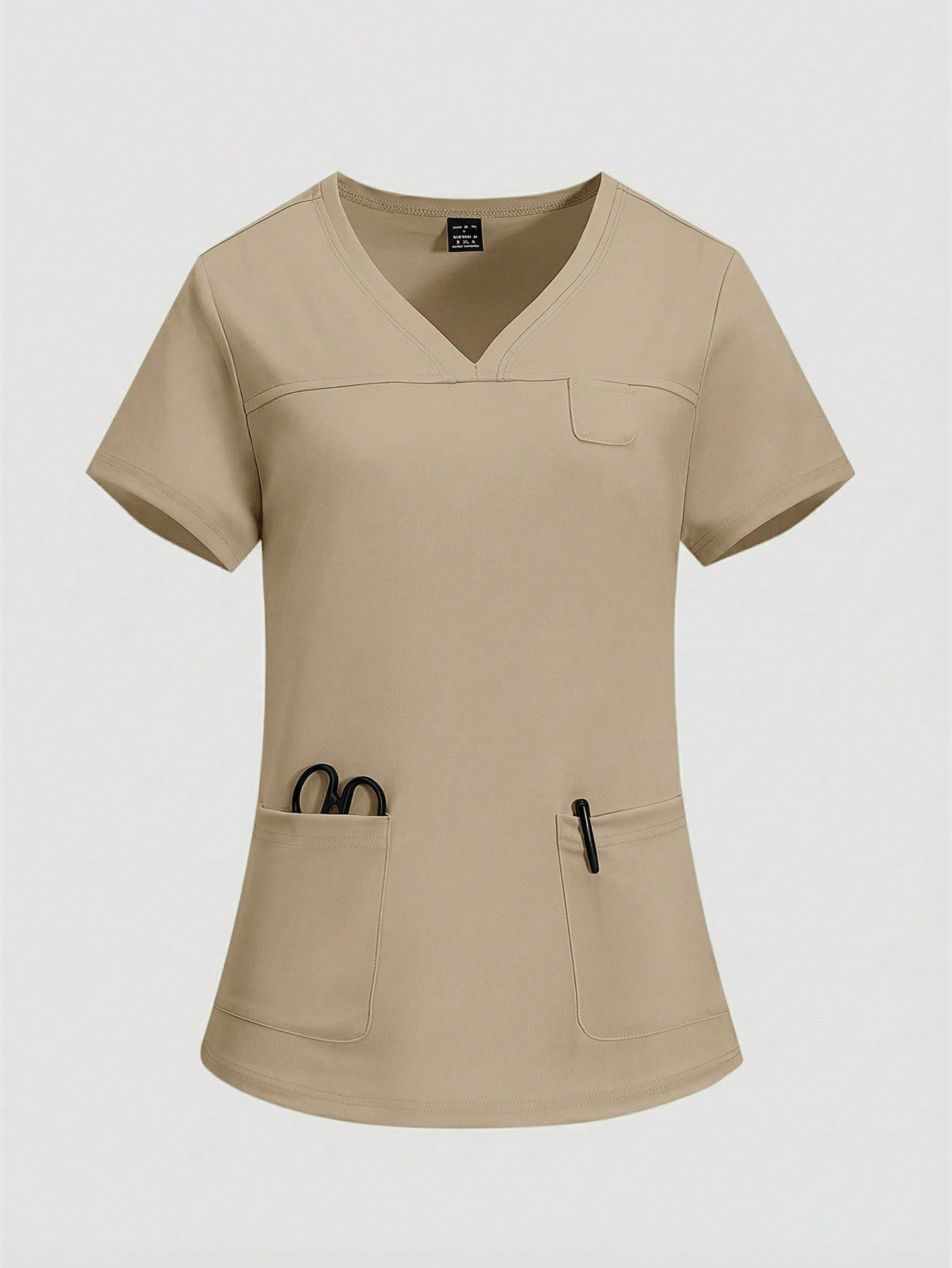 TaskEZ Simple Solid Color V-Neck Short Sleeve T-Shirt With Pockets Paired With Long Pants, Scrub Set