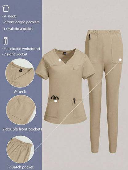 TaskEZ Simple Solid Color V-Neck Short Sleeve T-Shirt With Pockets Paired With Long Pants, Scrub Set