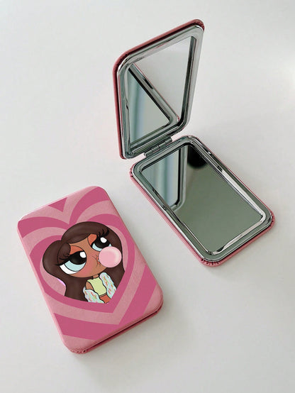 Tay Mills Artist Girlcore Cute Cartoon Girl Pattern Flip Kawaii Makeup Mirror, For Holiday, Valentine's Day