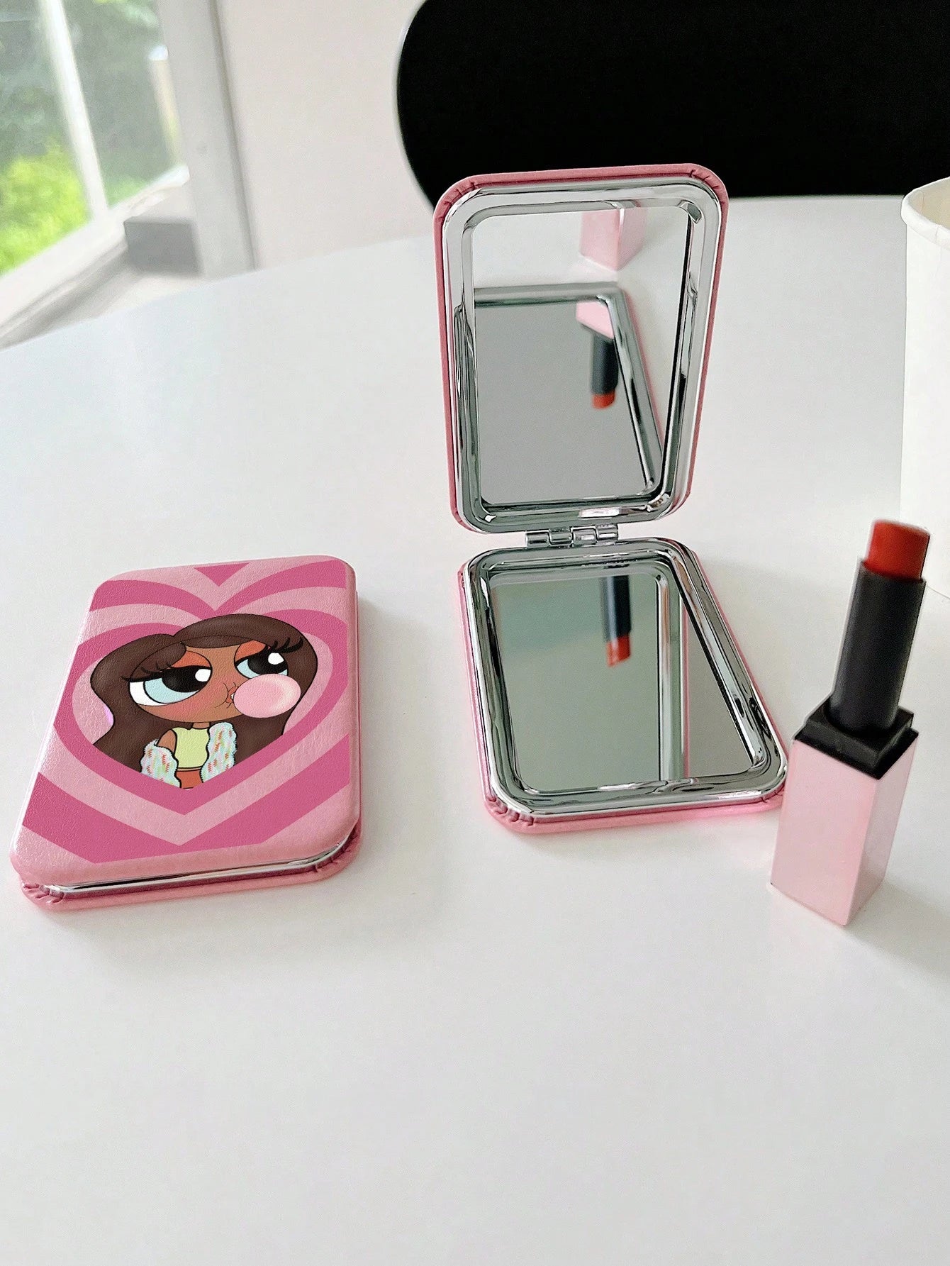 Tay Mills Artist Girlcore Cute Cartoon Girl Pattern Flip Kawaii Makeup Mirror, For Holiday, Valentine's Day