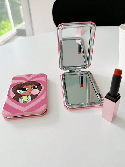 Tay Mills Artist Girlcore Cute Cartoon Girl Pattern Flip Kawaii Makeup Mirror, For Holiday, Valentine's Day