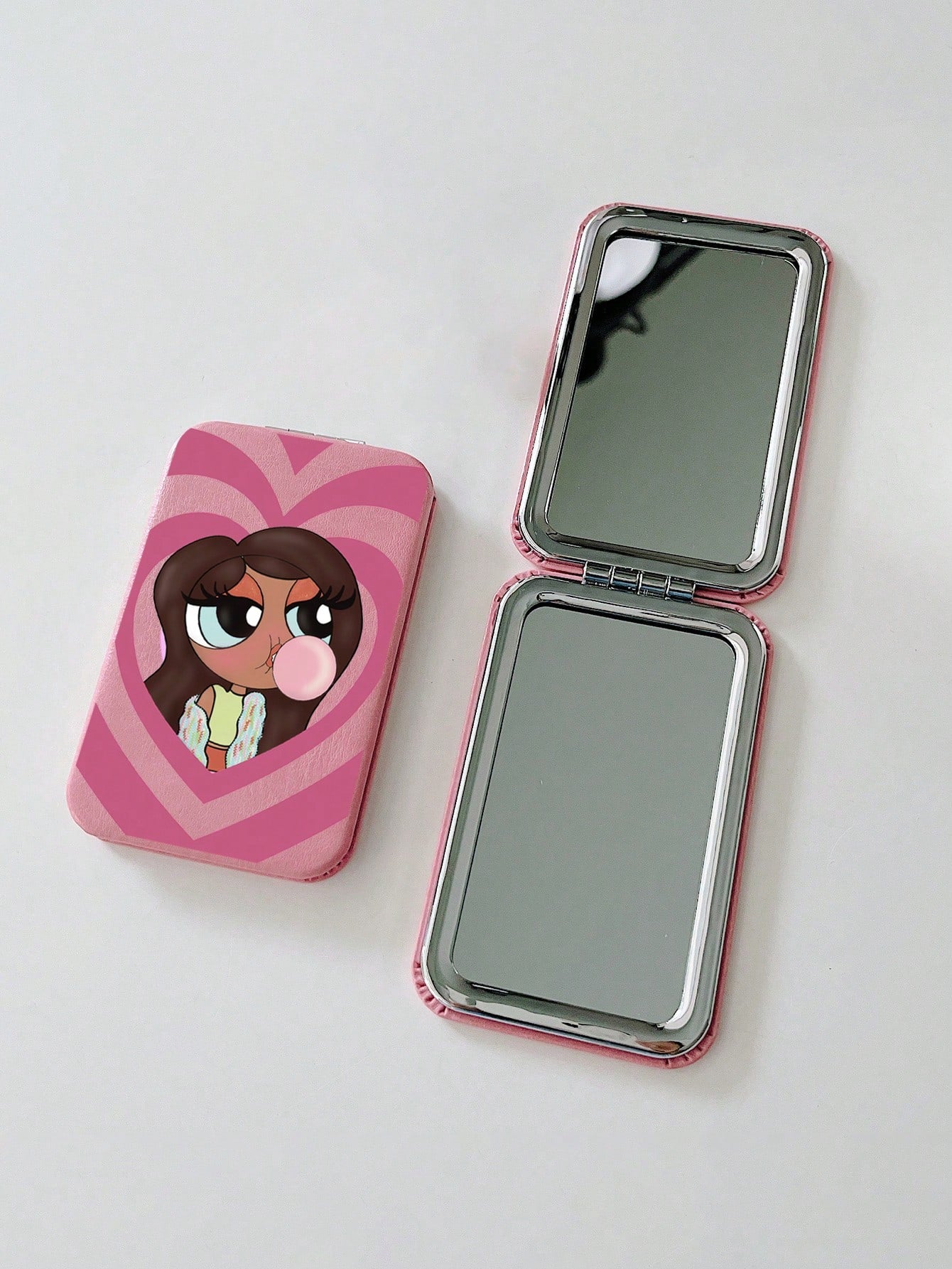 Tay Mills Artist Girlcore Cute Cartoon Girl Pattern Flip Kawaii Makeup Mirror, For Holiday, Valentine's Day