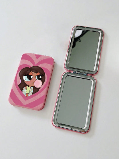 Tay Mills Artist Girlcore Cute Cartoon Girl Pattern Flip Kawaii Makeup Mirror, For Holiday, Valentine's Day