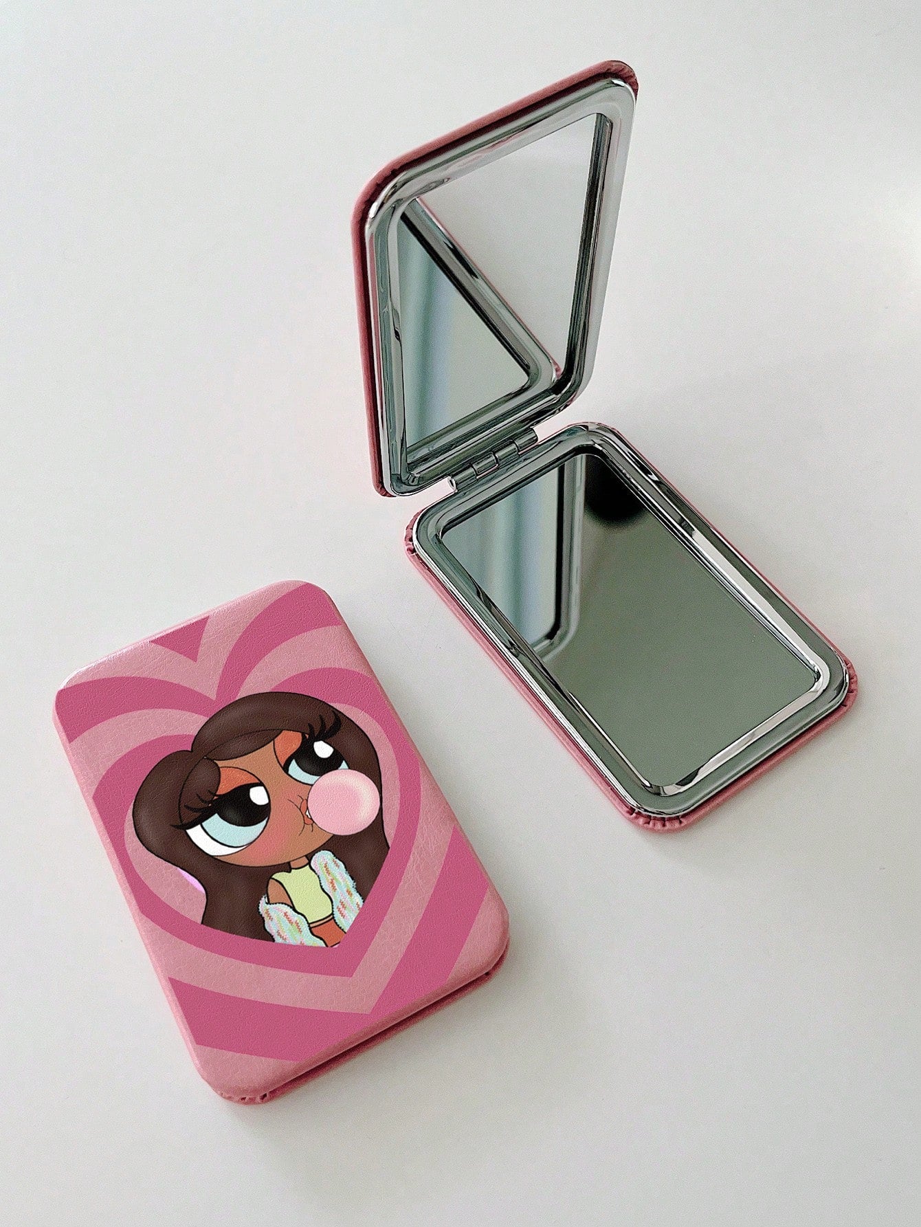 Tay Mills Artist Girlcore Cute Cartoon Girl Pattern Flip Kawaii Makeup Mirror, For Holiday, Valentine's Day