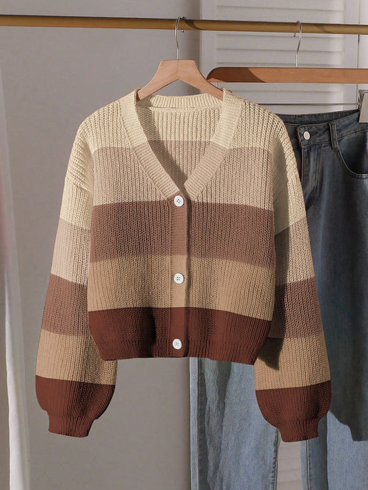 Teen Girl Brown Striped Knit Cardigan,Rainbow Color Block Stylish Fitted Sweater For Winter,Back-To-School Graduation Clothes,Autumn Beige Fall Set