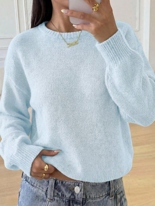 Teen Girl Casual Lantern Sleeve Short Solid Color Long Sleeve Sweater, Blue Autumn Clothing, Outings Back-To-School Prom