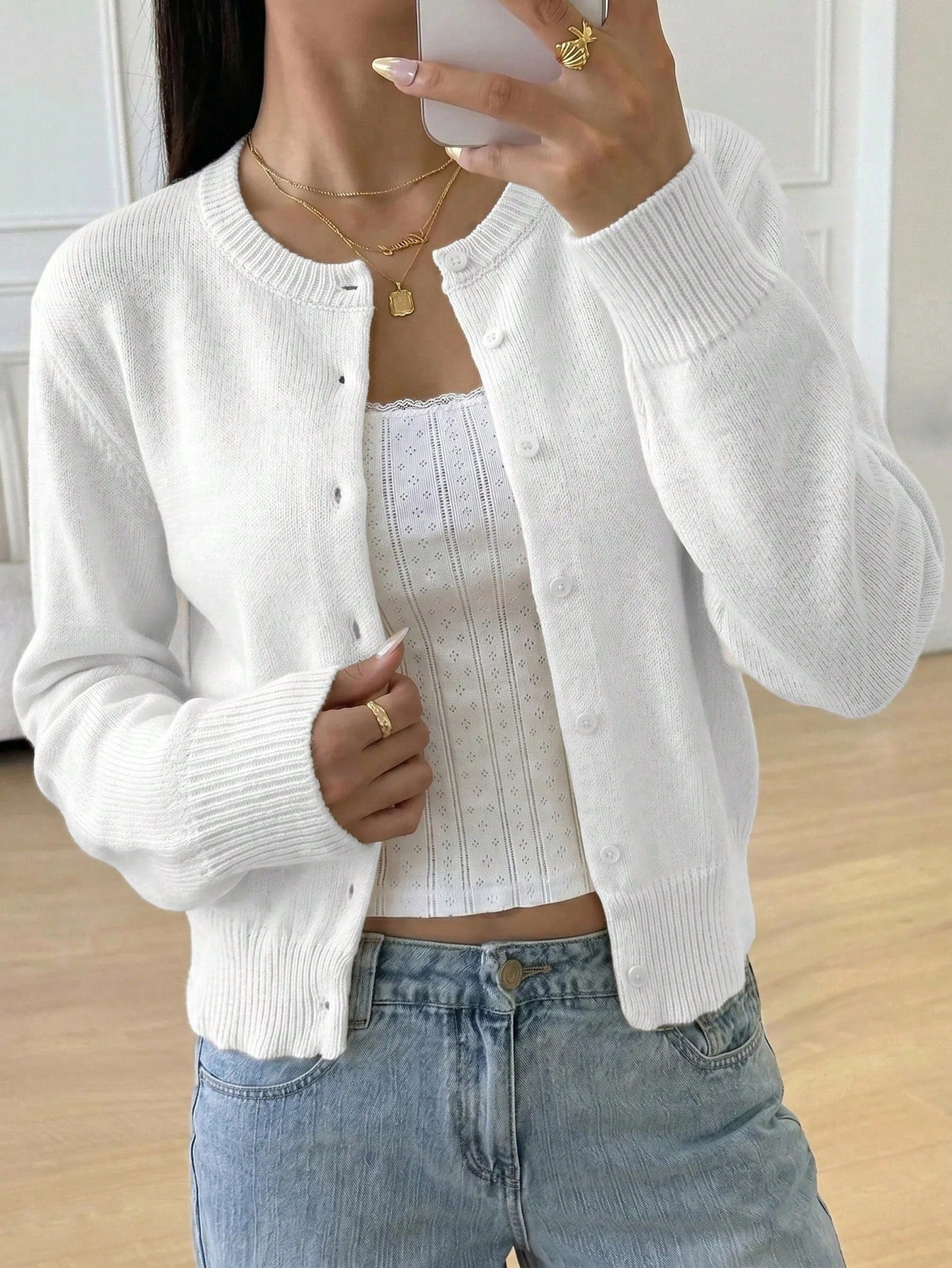 Teen Girl Casual Versatile Solid Color Cardigan Back-To-School Graduation White Autumn