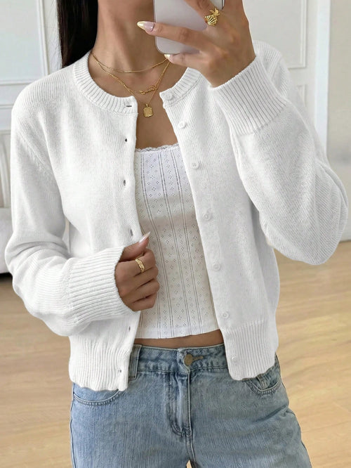 Teen Girl Casual Versatile Solid Color Cardigan Back-To-School Graduation White Autumn