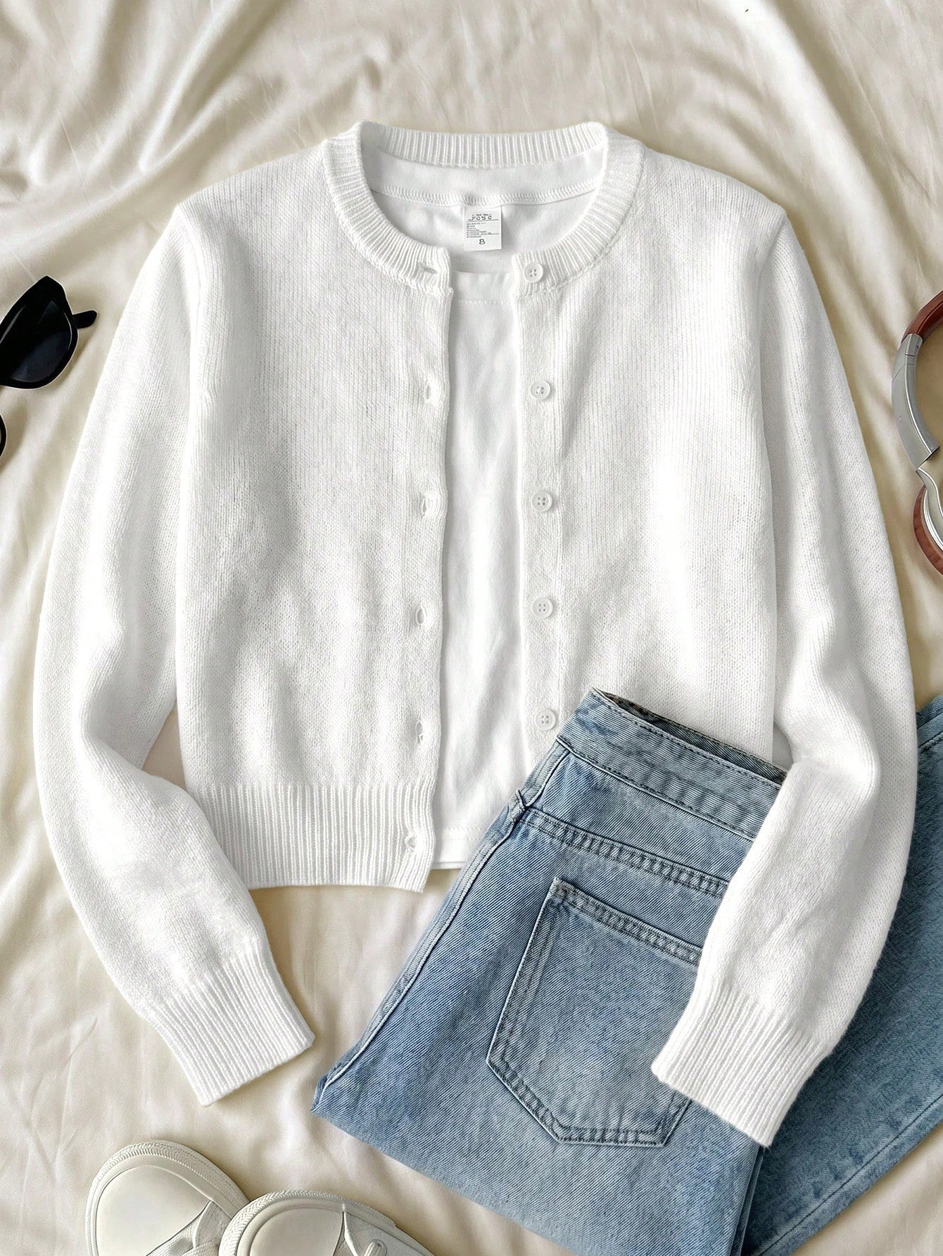 Teen Girl Casual Versatile Solid Color Cardigan Back-To-School Graduation White Autumn