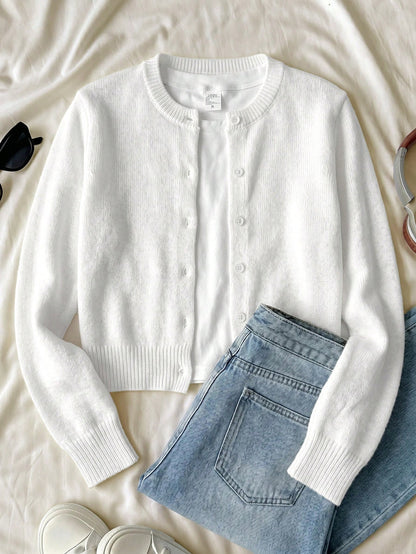 Teen Girl Casual Versatile Solid Color Cardigan Back-To-School Graduation White Autumn