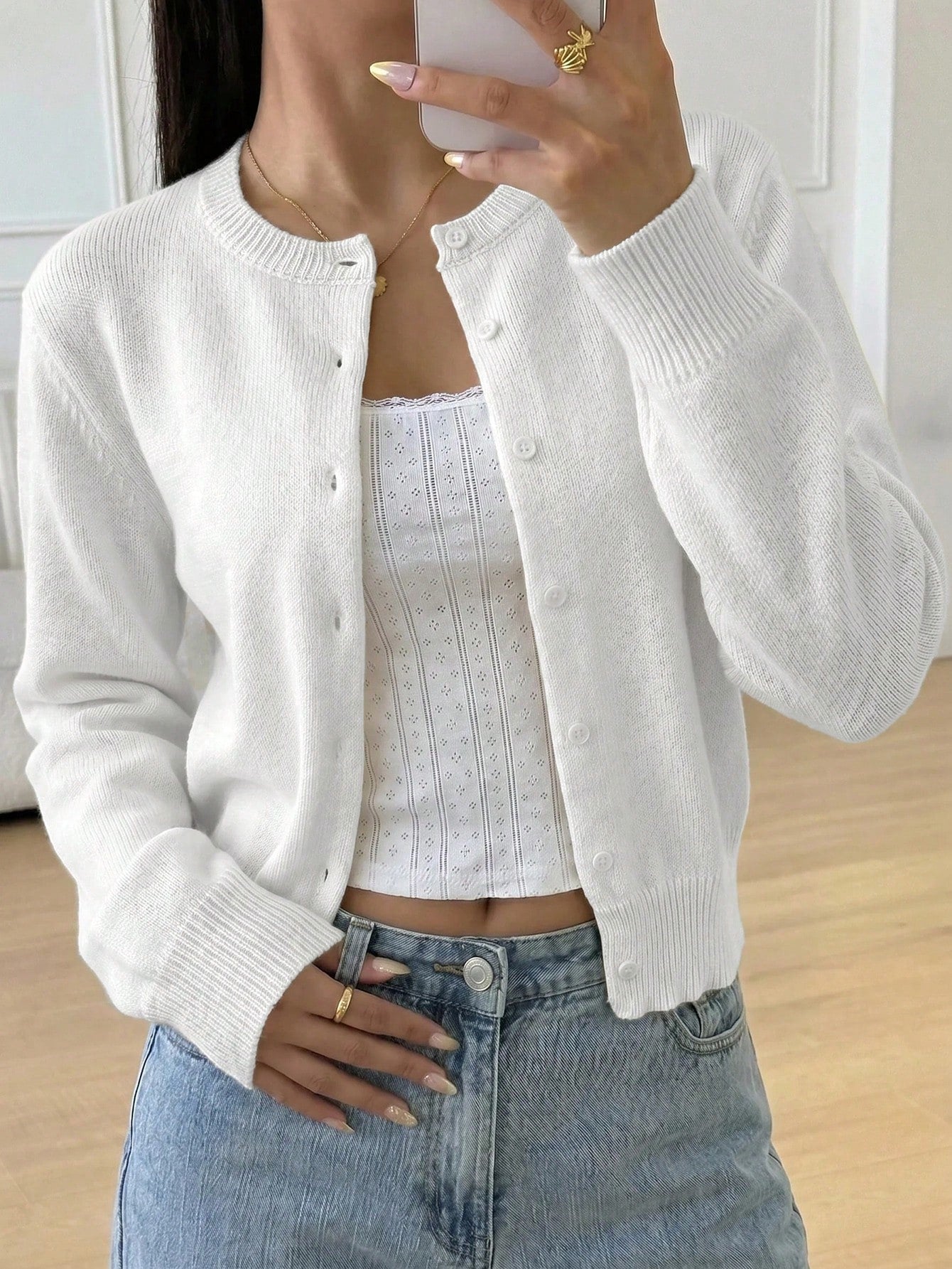 Teen Girl Casual Versatile Solid Color Cardigan Back-To-School Graduation White Autumn