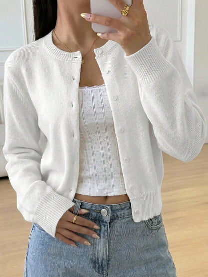 Teen Girl Casual Versatile Solid Color Cardigan Back-To-School Graduation White Autumn
