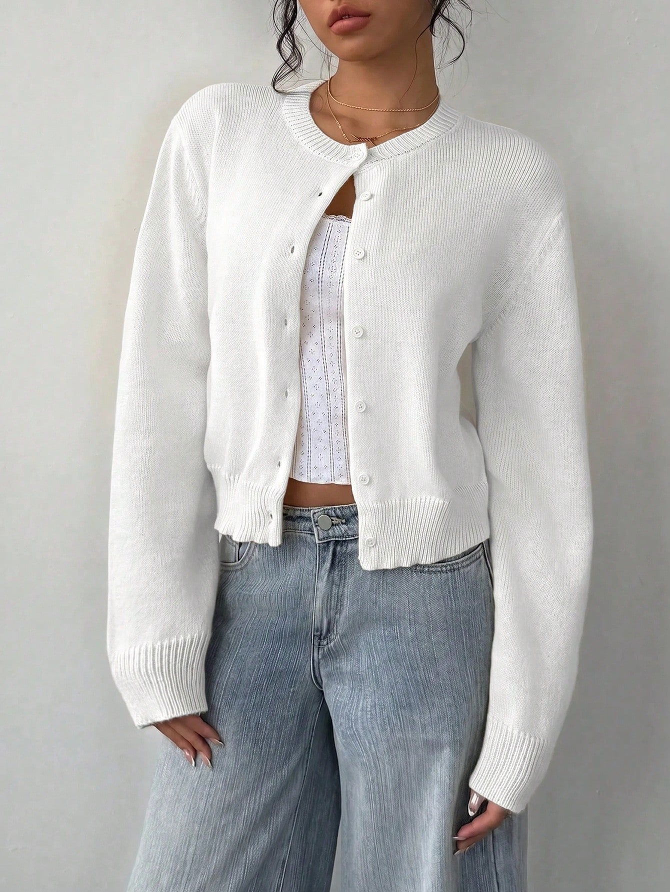Teen Girl Casual Versatile Solid Color Cardigan Back-To-School Graduation White Autumn
