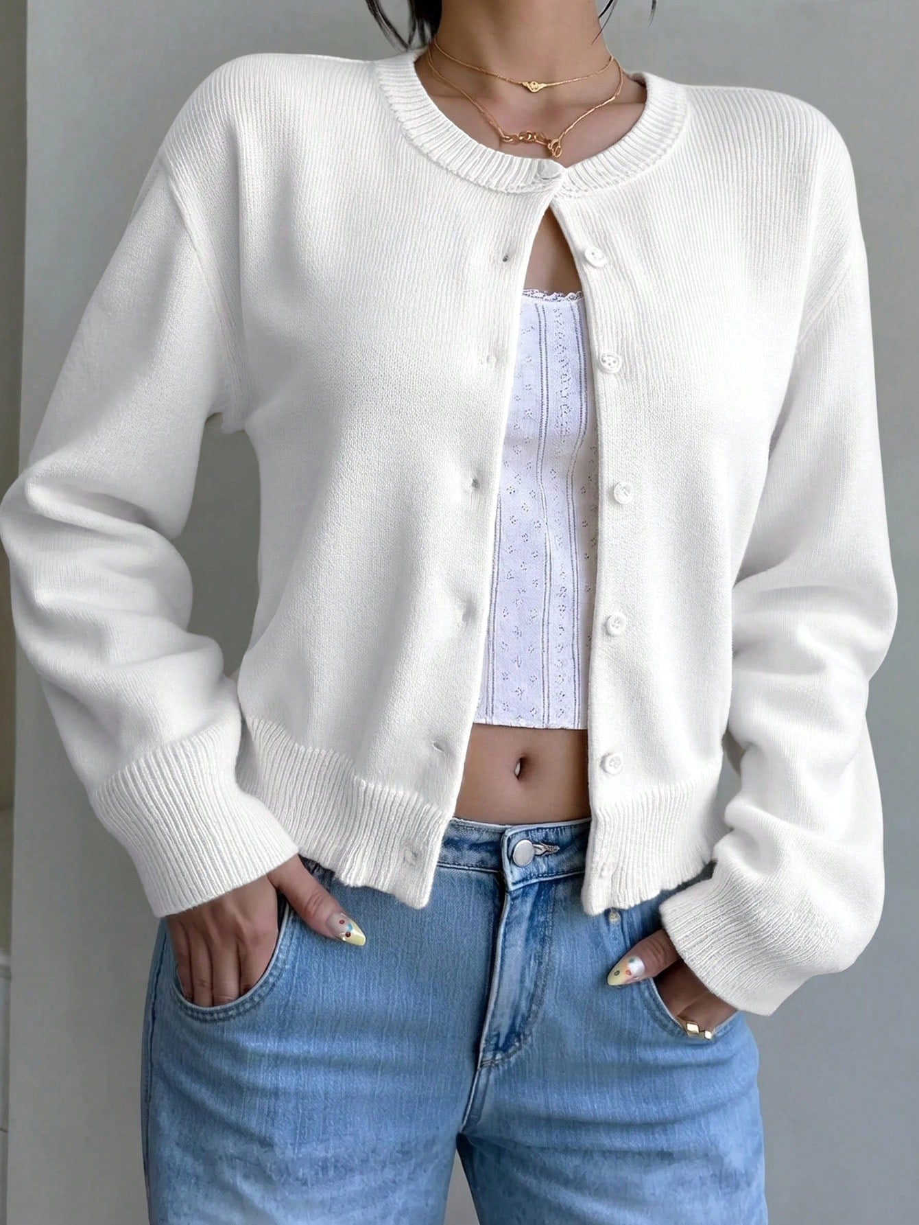 Teen Girl Casual Versatile Solid Color Cardigan Back-To-School Graduation White Autumn