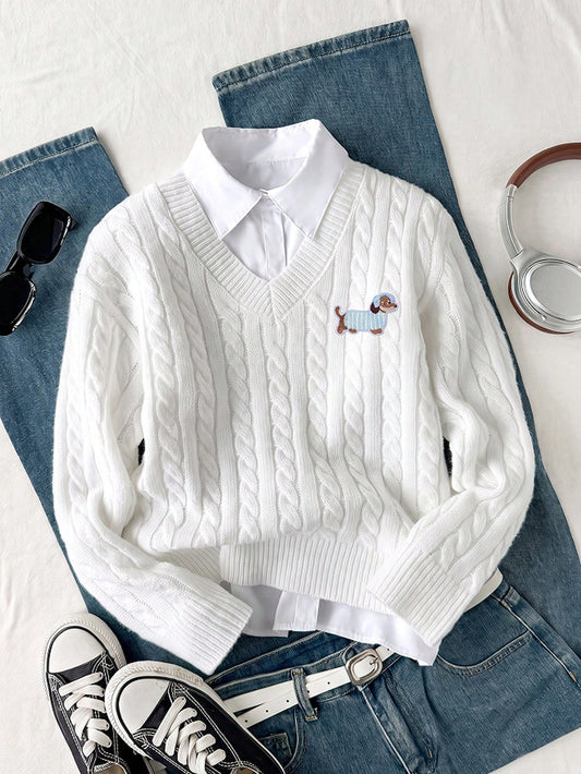 Teen Girls Casual College Style Embroidered Dachshund Cable Knit V-Neck Sweater, Cute Long Sleeve Pullover, Suitable For Autumn/Winter Wear, Perfect For Campus Daily Wear, Essential Minimalist C