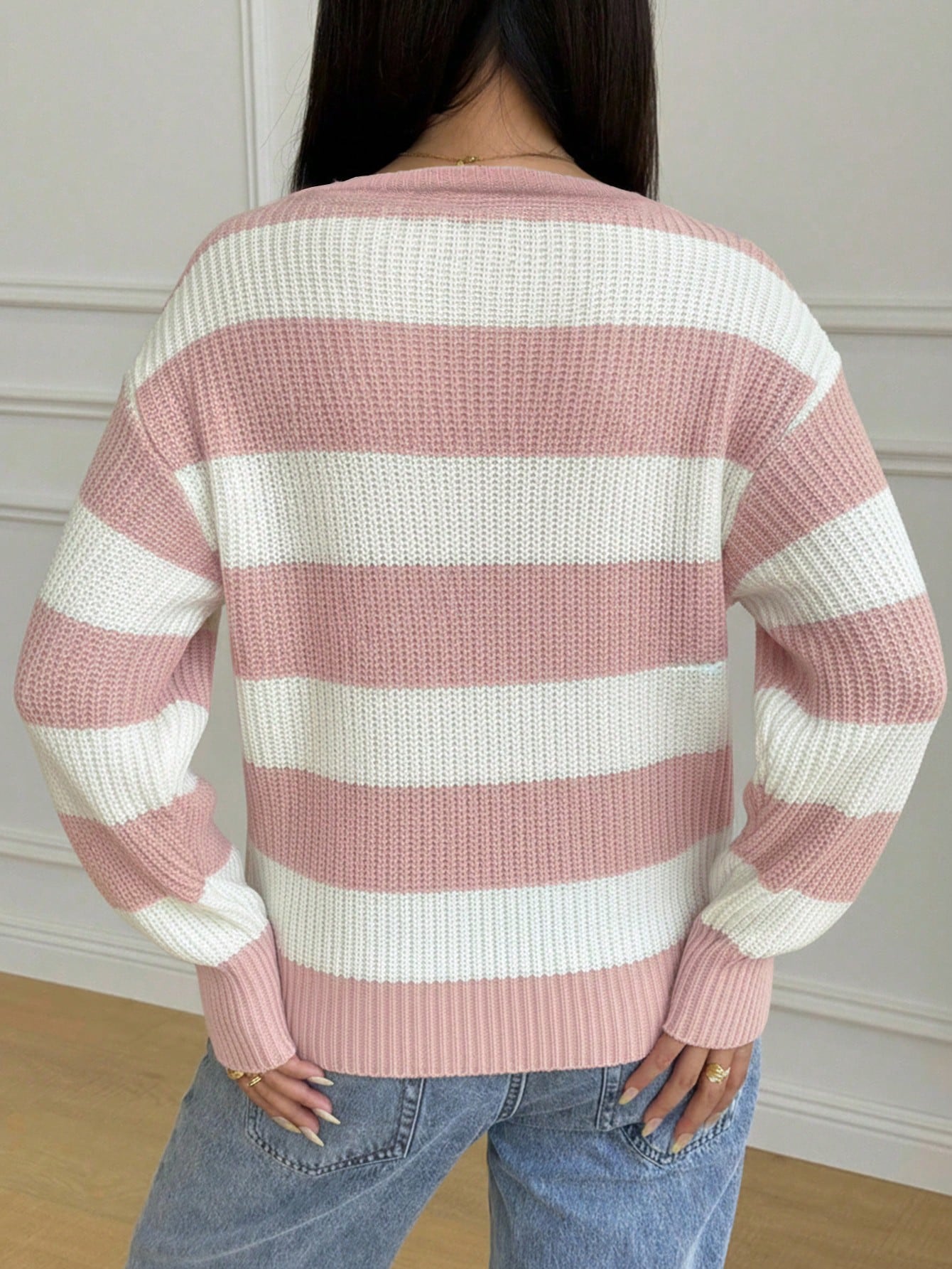 Teen Girls Casual Striped Knit Sweater, Minimalist & Fashionable, Suitable For Everyday Wear, Autumn/Winter
