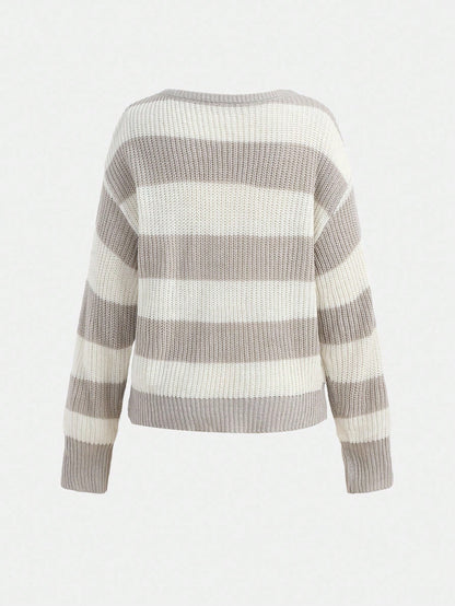 Teen Girls Casual Striped Knit Sweater,Minimalist&Fashionable,Suitable For Everyday Wear,Autumn/Winter Cute Tops Cropped Off Shoulder Top