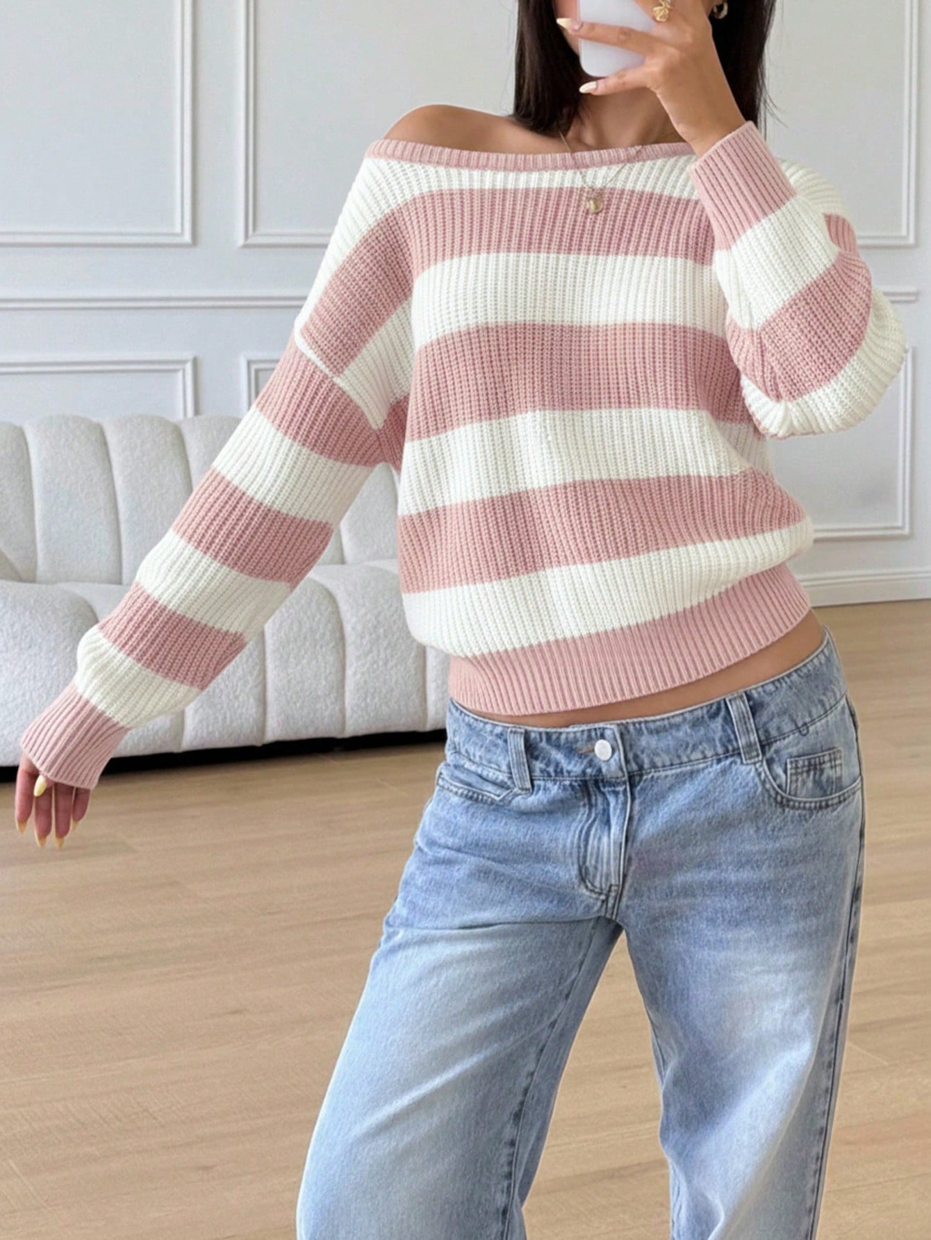 Teen Girls Casual Striped Knit Sweater, Minimalist & Fashionable, Suitable For Everyday Wear, Autumn/Winter